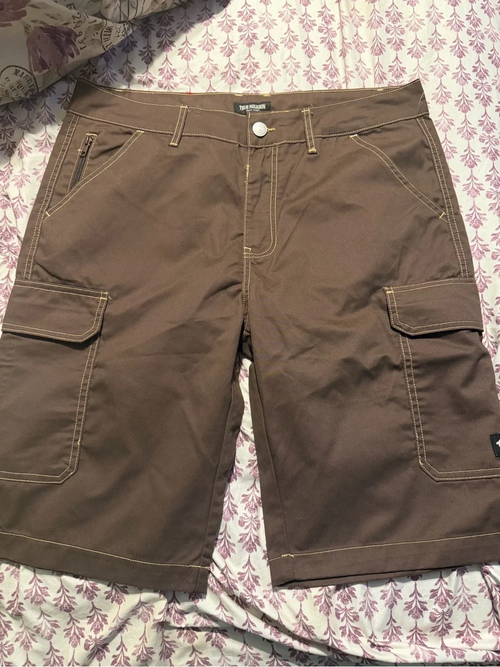 True Religion Brown Utility Cargo Shorts with Contrast Stitching